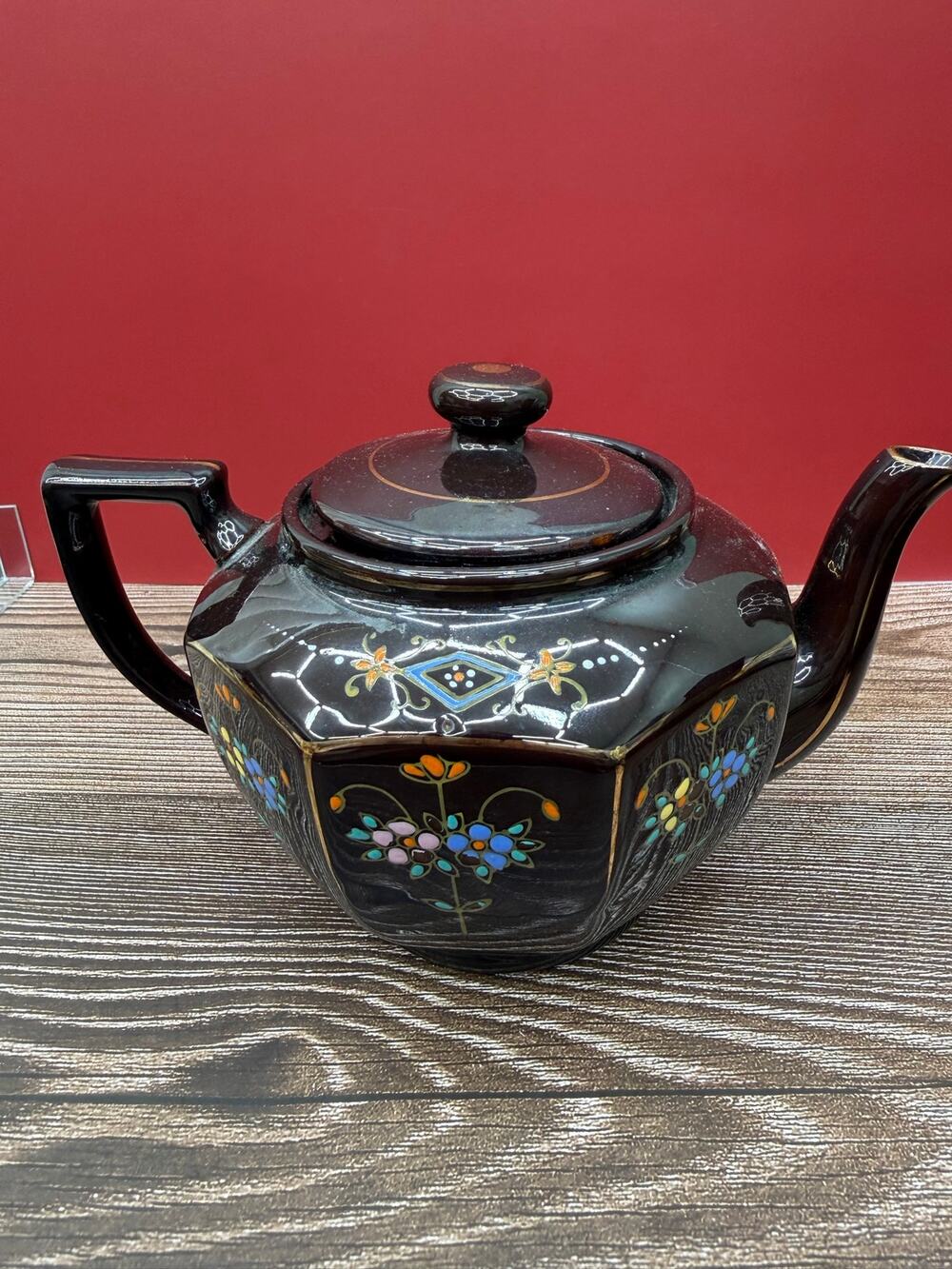 Vintage Japan Black Teapot Hand Painted Floral Moriage Gold Hexagonal